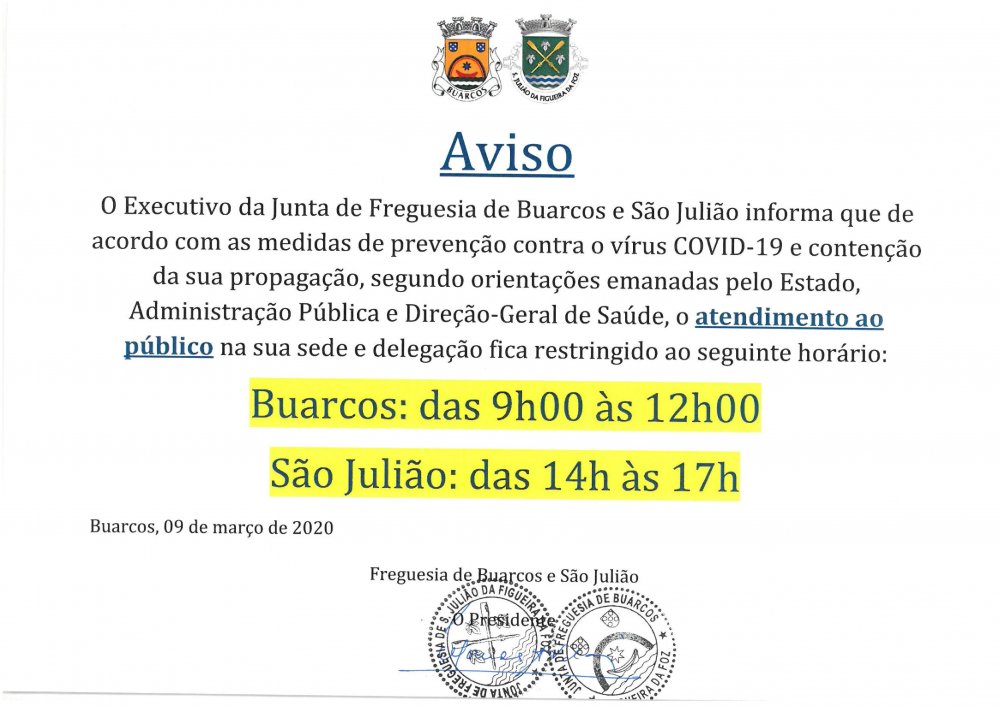 Aviso!!! Alteração ao horário de Funcionamento da Junta de Freguesia