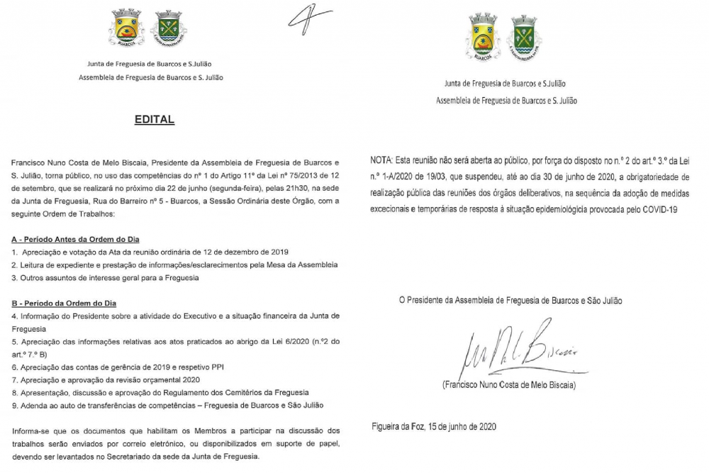 Assembleia de Freguesia 22 de junho de 2020