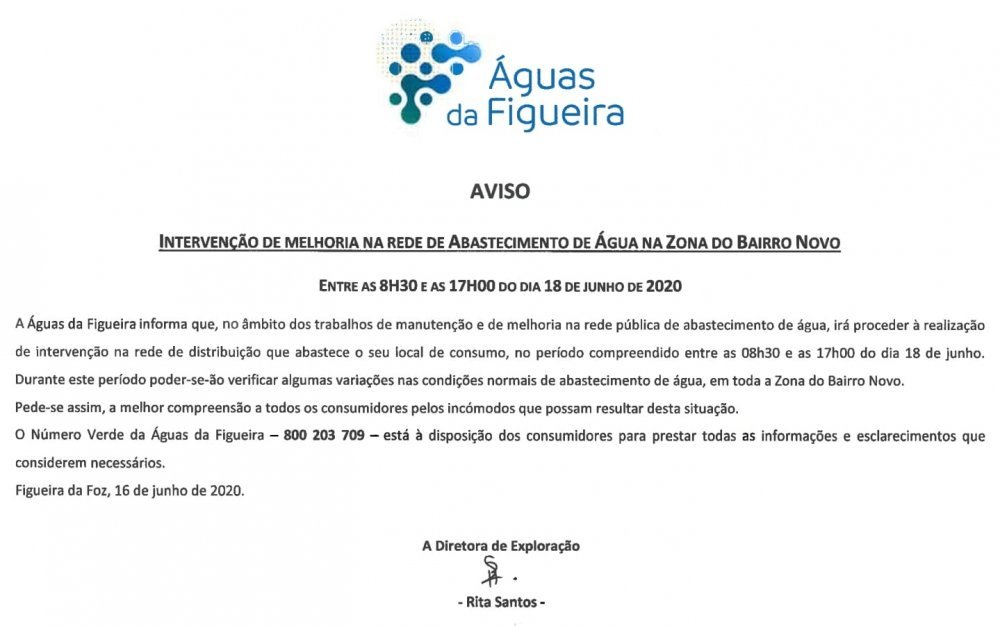 Aviso - Águas da Figueira, zona Bairro Novo