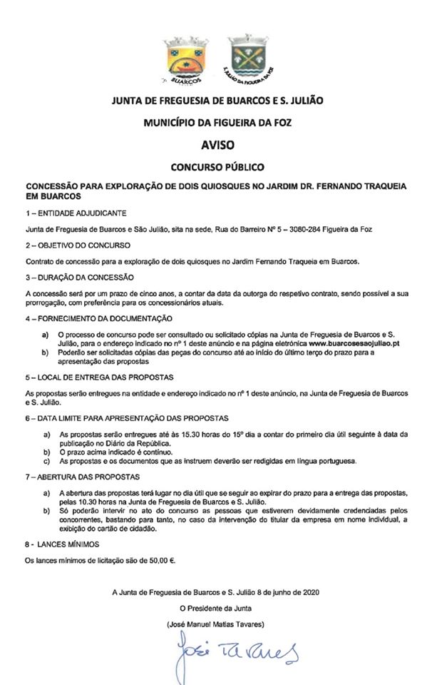 Aviso - Concurso público para concessão de dois quiosques