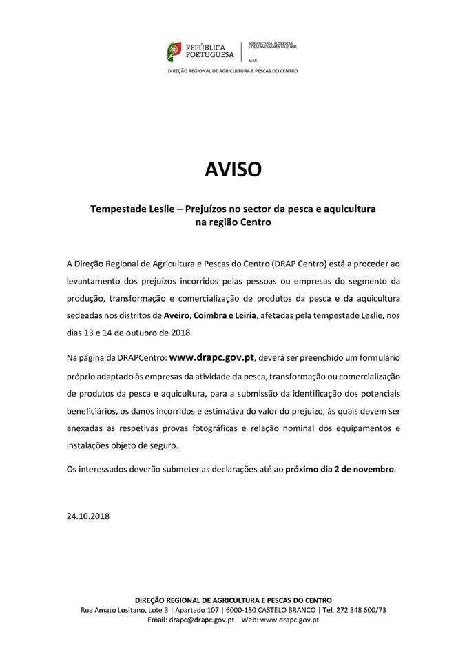 Tempestade Leslie - prejuízos no Setor da Pesca e Aquicultura na região centro